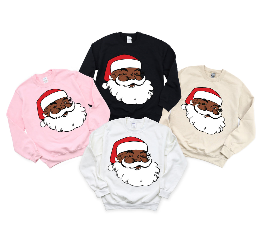 image of black santa for christmas in a black sweatshirt, grey, natural, and pink option available for adults and kid sizes