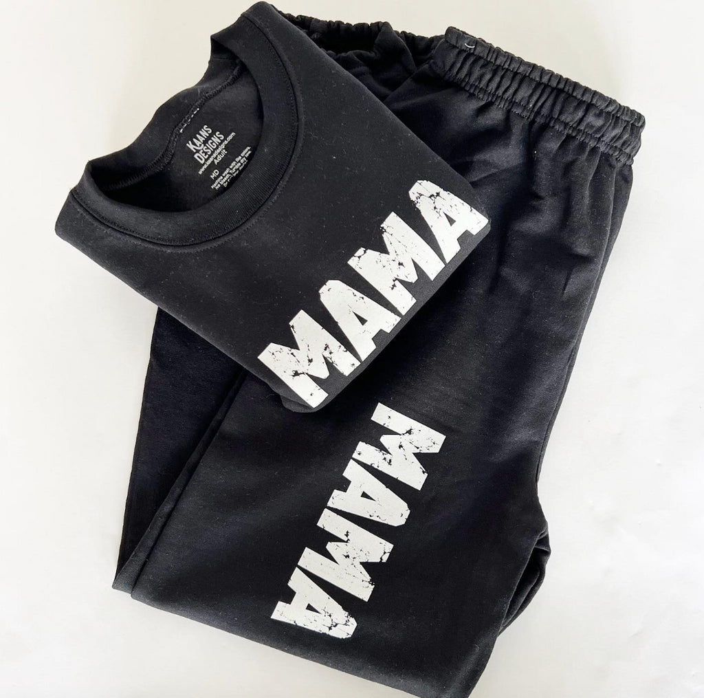 black sweatshirt and sweatpants or joggers with the screen print mama on them. super cute mama set