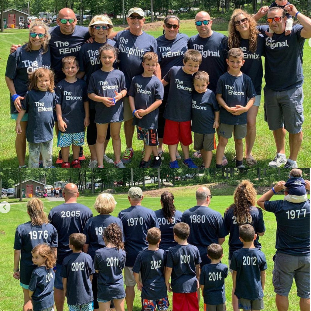 custom family shirts on the front and back of the shirts show the year each person was born for a cute custom set for family
