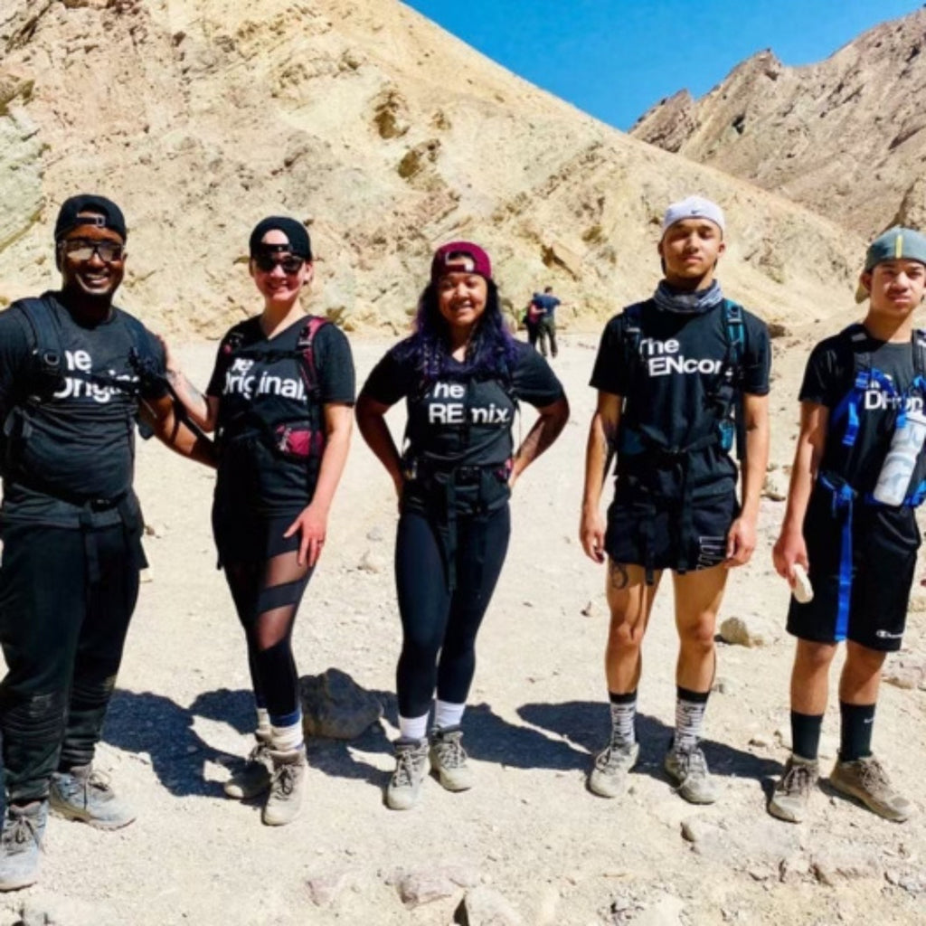family hiking activity in family matching shirts, the original, the remix, the encore, mic drop