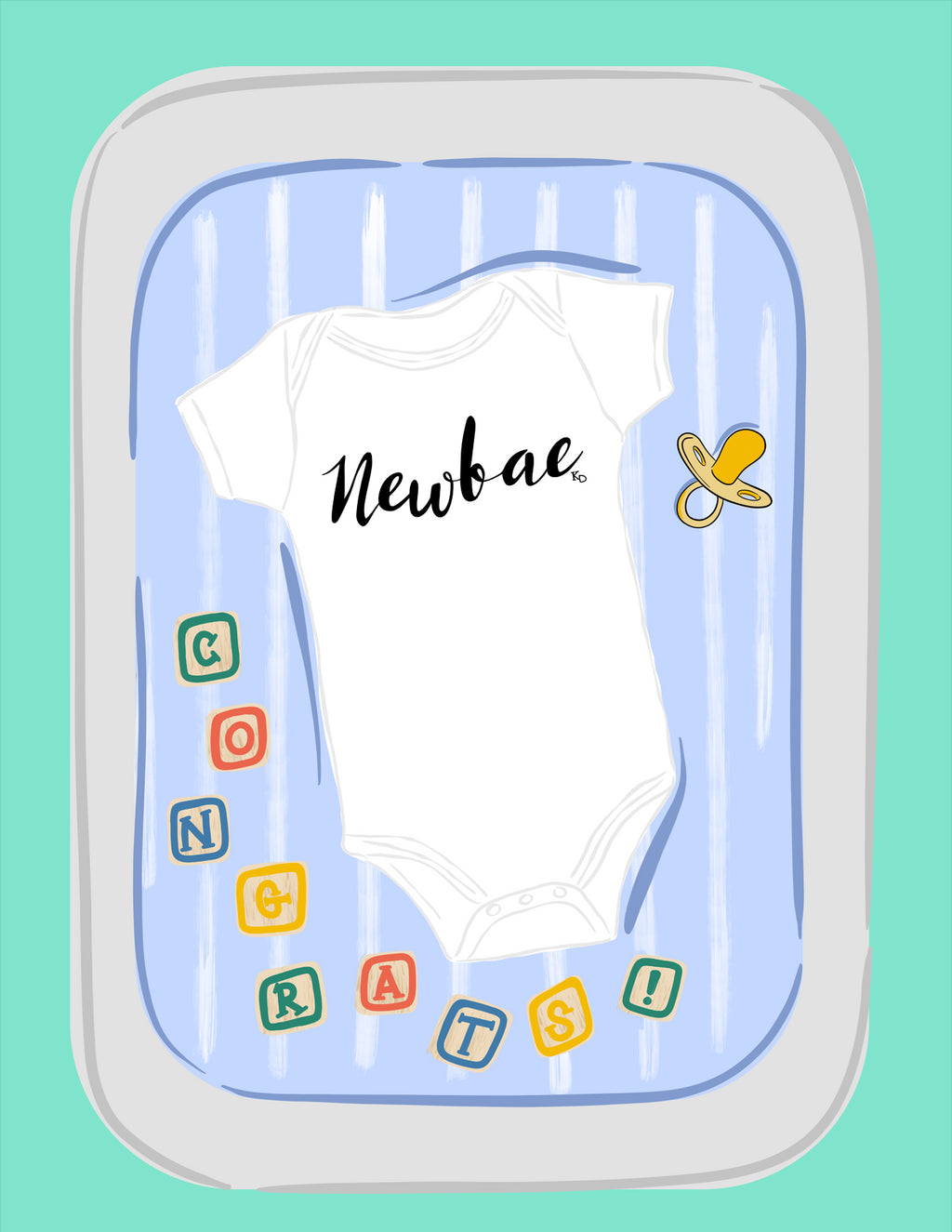 green greeting card with a white onesie for baby and a pacifier, abc blocks, cute baby greeting cards