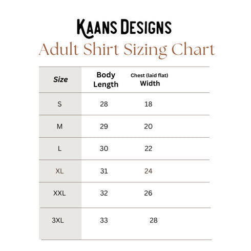 Adult Shirt Sizing Chart for small, medium, large, x-large, 2x-large, 3x-large