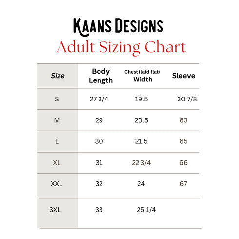 adult sizing chart for kaans designs shirts