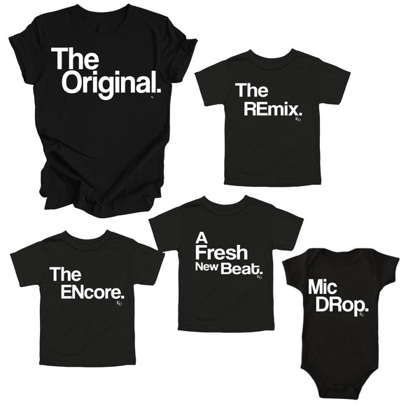 black graphic apparel shirts for family matching shirts, with white text short sleeve