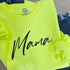 close up of womens pullover sweatshirt with screen print design that says mama the color is a highlighter green cozy and cute casual sweatshirt