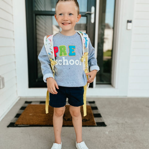 Preschool Pullover, First Day of School, Patch Sweatshirt, Childhood fashion, Back to School, Kids' clothing, Adorable designs, Vibrant colors, Whimsical motifs, Comfortable and durable, Personalized artwork, Animal appliqués, Alphabet patches, Educational symbols, DIY inspiration, Coordinating outfits, Picture-perfect moments, Creative ideas, Teacher resources, Classroom inspiration, Commemorate milestones, Endless possibilities, Lasting memories.