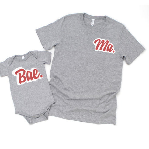 heather grey shirts matching for mom and baby, onesie shirts for babies design has a pocket style ma saying and the onesie says bae for newborn or baby