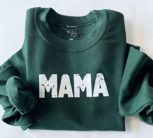 forest green pullover sweatshirt with text that says mama design flat lay, super cute sweatshirt for warm weather, cute to wear oversized