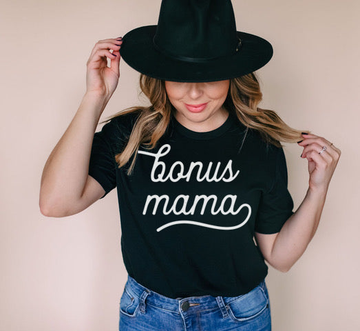 black unisex shirt with woman in screen print design that says bonus mama