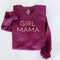 flat lay of a maroon pullover sweatshirt with design screen print that says girl mama pullover