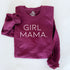 flat lay of a maroon pullover sweatshirt with design screen print that says girl mama pullover