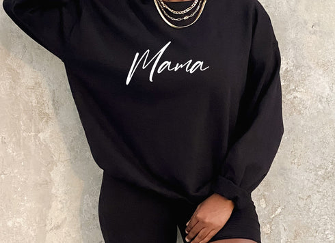black pullover sweatshirt with design screen print script font that says mama