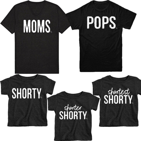 set of five shirts mock up for families matching in black shirts for mom, dad, older kid, middle kid and baby