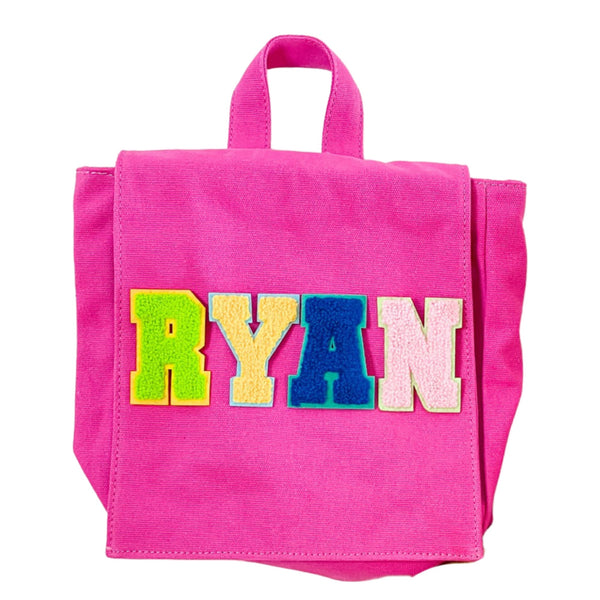 mini backpack, backpack, book bag, custom patches, letter patch, name on bag, initials, customize, personalize bag, patches, iron on patches, pink bag, chenille patch