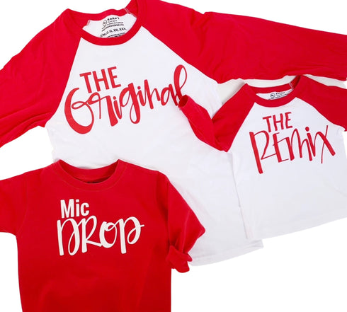 The Original, Remix, and Encore®  Script Raglan Style Matching Set - Red Font