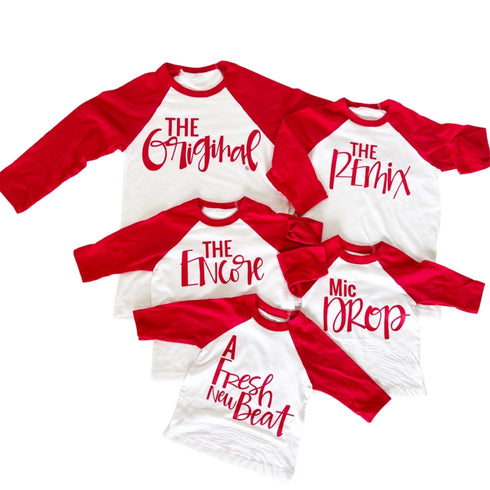 The Original, Remix, and Encore®  Script Raglan Style Matching Set - Red Font